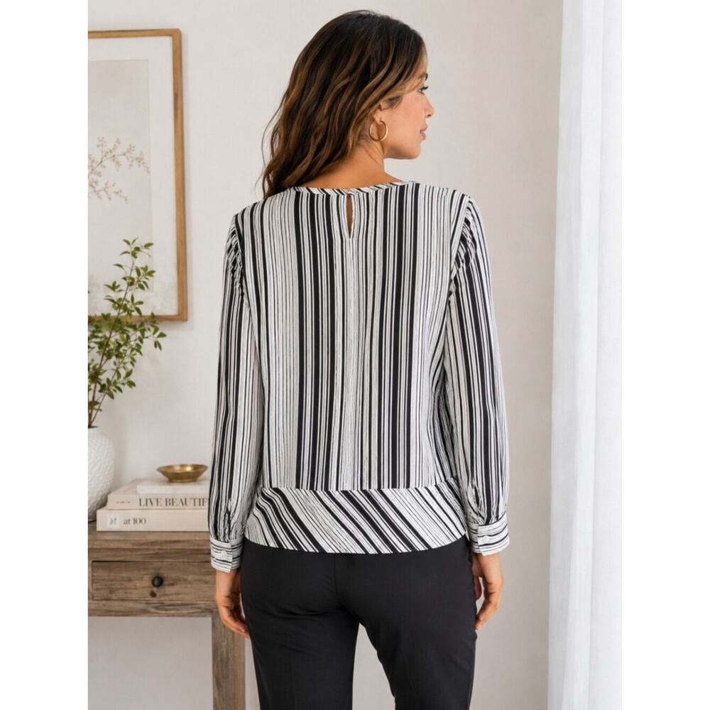 Talbots Poplin Black & White Vertical Stripe Tie-Hem Blouse - Picture 2 of 8
